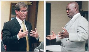 Keith Wilkowski, left, and Mike Bell present their approaches to economic development last night in a forum at the Walbridge Park Shelter House.