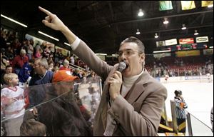 Public address announcer Bobb Vergiels fires up the crowd before a Storm game at the Sports Arena on Jan. 7, 2007. Vergiels is looking forward to starting some new traditions at Lucas County Arena.