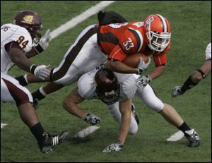 A Central Michigan defender undercuts Bowling Green's Chris Bullock in the second half. The Falcons fell to 3-5 on the season.