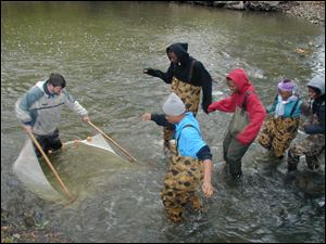 Todd Crail, a UT doctoral candidate, holds a seine for Scott students examining aquatic life as part of the watershed program.