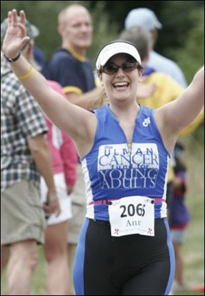 Anne Willis of the National Coalition for Cancer Survivorship in Silver Spring, Md., finished a triathlon in honor of her 10-year cancerversary.