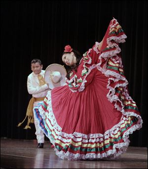 CTY notredame24p   03/23/2010       The Blade/Lori King  Chris Torres, 9, performs Mexican folk dancing with his sister, Notre Dame senior Rebeca Aguilar, during the Notre Dame Academy multicultural assembly at the Toledo, OH school.