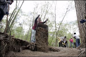 Slug: CTY cleanup19p                         Date 4/18/2010 Toledo Blade/Amy E. Voigt                     Location: Toledo, Ohio  CAPTION:  Kohl's volunteer Lance Poling, from Toledo, fills a hole with dirt while working in Swan Creek Metropark as part of a Community Service Earth Day Project.