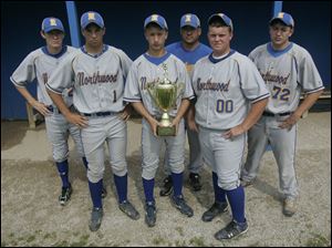 Pictured are members of the Northwood baseball team, including from left, Cameron Juhasz, Andy Bloomfield, Nick Russell, coach Dave Russell, Dylan Romstadt, and Drew Minarcin.