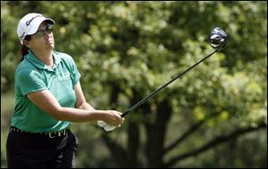 Dina Ammaccapane tees off on the 17th tee Monday at Highland Meadows as players began practicing.
