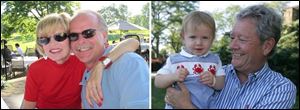 Left, Mary Lou Falzone and Ron Folger on the patio at the Sylvania Country Club's Fourth of July picnic. Right, Norm Johnston of Rossford holds his 21-month-old grandson, Terrance O'Donnell of Columbus at the Belmont Country Club picnic.