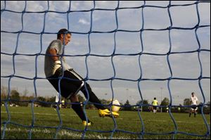 Nathan Bartlett, 15, of Sylvania Northview defends the goal Tuesday, 07/20/10, during the The Pacesetter Soccer Club week-long camp in Sylvania. 