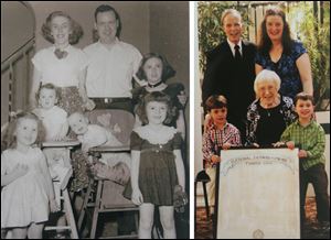 Left: Marge and Tom Ainsworth in 1954 with their children, from left, Nancy, Patricia, Tom, Judy, and Bonnie. Right: Marge Ainsworth, center, with her twins, Tom Ainsworth and Patricia Hannifin, now 57, standing behind her, and her great-grandchildren, twins Max and Henry Pekich.