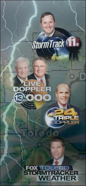 Toledo area TV meterologists include, from top left to right, Robert Shiels, Stan Stachak, Bill Spencer, Norm Van Ness, and Doug Moats.