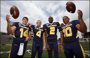 University of Toledo quarterback candidates are, from left, Alex Pettee, Austin Dantin, Terrance Owens, and David Pasquale.
Sophomore Dantin has been listed as No. 1 on the depth chart.