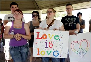 On hand for the march are, front left, Laurel Johnson of Weston, Ohio, Laura Reece of Bowling Green, and Brian Endicott of Fremont, and second row, Rick Hall and Erin Durante, both of Bowling Green. 