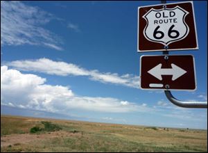 A highway sign in Adrian, Texas, which calls itself the midpoint of the route between Chicago and Los Angeles.
