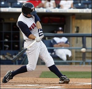 The Mud Hens' Jeff Frazier smacks his 25th home run of the season Tuesday night in the fourth inning.