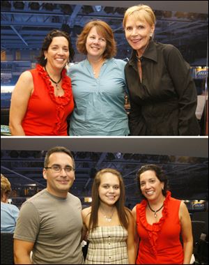 Top, Rita Mansour, left, Molly Long, center, and Barbara Steele during the ProMedica suite party for the American Idol concert. Below, from left, Gilbert Ramirez, Taylor Ramirez, and Rita Monsour.