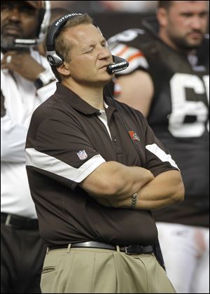Browns coach Eric Mangini can't watch as his team falls apart. Just like last year, Cleveland starts the season 0-2. 