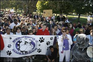 Byrnedale Junior High students walked 0.4 miles from their school to Swan Creek Metropark to meet Ann Peltier, who is recovering from a benign brain tumor, and her family. 