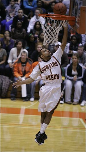 The Falcons' Jordon Crawford goes in for two of his 11 points as Bowling Green pulled away after a tight first half.
