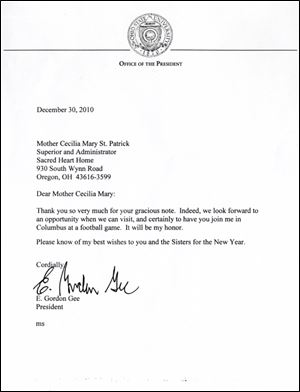 E. Gordon Gee has corresponded with Mother Cecilia Mary Sartorius after he jokingly compared the schedules of BCS rivals Texas Christian University and Boise State to playing the Little Sisters of the Poor.