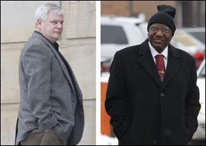 Retired Lucas County Sheriff's deputy Jay Schmeltz, left, and retired Sgt. John Gray outside federal court Friday morning. 
