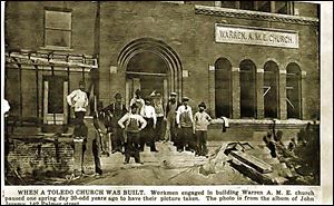 Workmen pause during construction of the church that was on Erie Street downtown. The congregation moved from it in 1950.