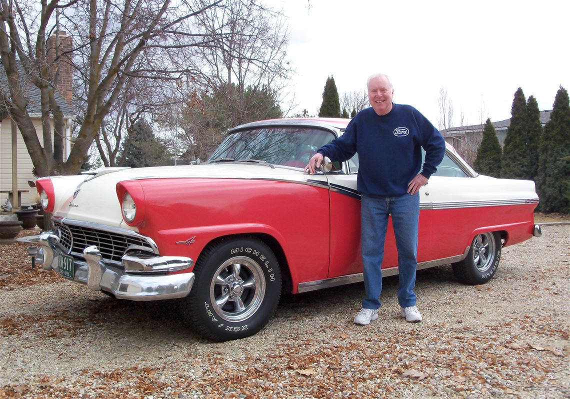 56 red and white Ford Victoria, manual a dream for ex-Toledoan