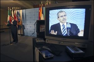 Lebanese Ambassador to the United Nations Nawaf Salam is seen on a television monitor Monday as he speaks to reporters after Security Council consultations on the situation in Libya, at United Nations headquarters.