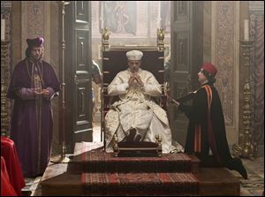 Jeremy Irons portrays Rodrigo Borgia, Pope Alexander VI, and Francois Arnaud portrays his son Cesare Borgia, left, in the Showtime original series, 'The Borgias.'