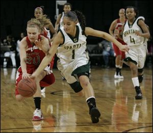 Start's Ariel Gaston (1) helped the Spartans reach the state semifinals this year. She will play college basketall at the University of New Hampshire.