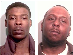 Thomas Johnson, 21, left, and Kenneth Anderson, 29, are booked on charges in the shooting death of Charles Harris Jr., 71.