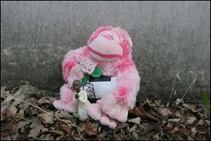 A pink monkey and a praying angel sit in the Nebraska Avenue alley where Charles Harris Jr. was shot and killed.