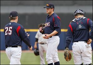 Toledo manager Phil Nevin pulls starting pitcher Andy Oliver, who lasted four-plus innings and gave up seven hits, five runs, walked four, and struck out two. The loss was Oliver’s first of the 2011 season.