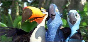 In this publicity image released by 20th Century Fox, animated characters, from left, Raphael, voiced by George Lopez, Blu, voiced by Jesse Eisenberg, and Jewel, voiced by Anne Hathaway, are shown in a scene from 