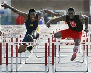 Below, DerJuan Gambrell, right, edges Whitmer’s Mark Meyers to win the 110 hurdles with a time of 14.61.
