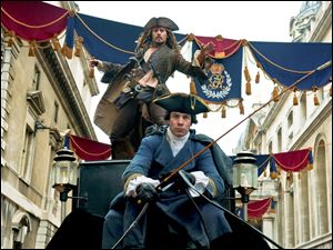Captain Jack Sparrow (Johnny Depp) escapes from the clutches of King George and his Royal Guards by leaping from a moving carriage in this scene from 'Pirates of the Caribbean: On Stranger Tides.'