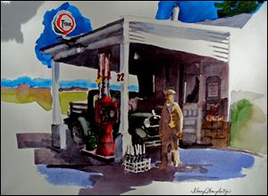 Harry Daugherty's 'Olde Harrye B's Gasse Statione' is one of the works in Art-A-Fair at Owens.