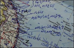 A map from Donald Wood's war memorabilia outlines his movements in Vietnam in the late 1960s, including the several months he served as an officer in Tiger Force. 
