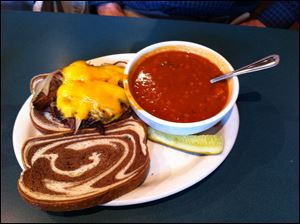 Mushroom-barley soup and Mama’s Pot Roast sandwich at Focaccia’s Delicatessen.
