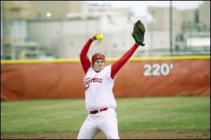 Jordan Ratliff pitches for the Owens Community College women's softball team.