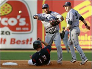 Columbus shortstop Luis Valbuena turns a double play as Toledo's Ben Guez slides into second base in the third inning of Thursday night's game at Fifth Third Field, where the teams will meet again Friday night.