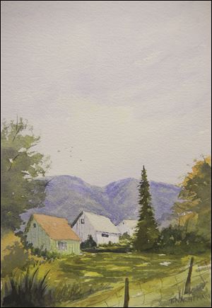 'Three Cottages,' a watercolor by Tom Nachtman. Works by Nachtman and Neil Frankenhauser are on view through July 31 at Vino 100, 3355 Briarfield Blvd., Maumee.