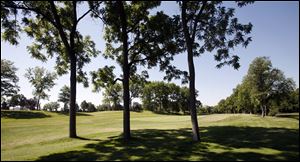 A creek, a dogleg, and plenty of trees, including this cluster on the right edge of the fairway, give the 14th hole plenty of bite.