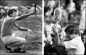 Hale Irwin lines up a putt at the ninth green at Inverness Club in the final round of the 1979 U.S. Open and later held up the championship trophy, the second of three U.S. Open crowns he won.
