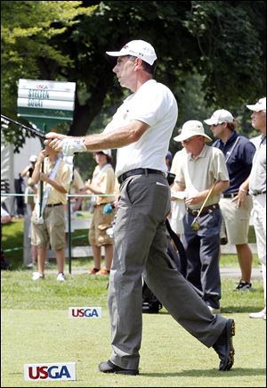 Tom Sovay tees off while practicing for the U.S. Senior Open at Inverness Club. The 50-year-old from Mukilteo, Wash., was born in Toledo but has not been back since he was 3 months old.