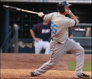 Jeff Frazier, who had 25 home runs last season for Toledo, smacks a double in the fifth inning Monday night for his new team, Syracuse. After having a hot spring training for the Nationals, Frazier got off to an awful start with Syracuse. On the season, he’s hitting .202.