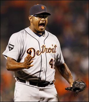 Jose Valverde reacts as he earns his 35th save for the Tigers in Detroit's win over the Orioles Saturday night.
