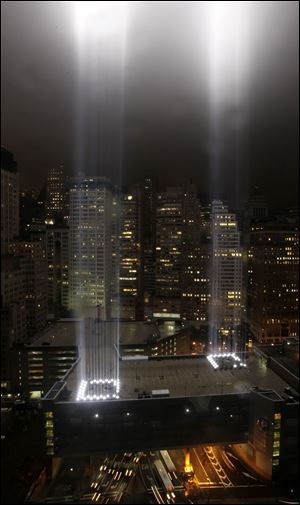 A test of the Tribute in Light rises above lower Manhattan. The memorial, sponsored by the Municipal Art Society, will light the sky on the evening of Sept. 11, 2011, in honor of those who died ten years before in the terror attacks on the United States.