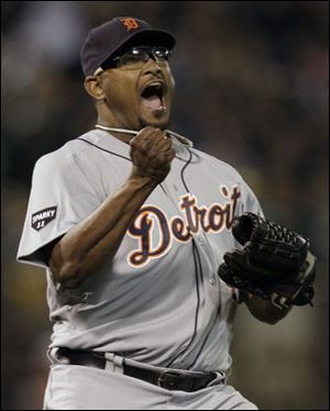 Tigers closer Jose Valverde celebrates the win.