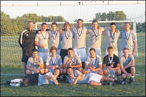 The U18 Pacesetter team. Front, from left, Jeff Cooperider and Ryan Peterson. Middle, Brad Vahalic, Michael Wainz, Matt Essig, Karter Sell, Ashton Winkler, and Troy Thompson. Back, coach Ryan Creech, Shawn Banagis, James Roberts, Nate Watkins, Adam Montague, Jeremy Ashley, Alex Smith, and Aaron Pinkleman. Not pictured is Trey Bracy.