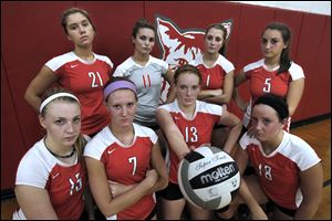 Bowling Green is seeking an eighth straight Northern Lakes League title with (front, from left) Alyssa Kopp, Jenna Stoner, Chelsea Watson, Kelsey Lahey; and (back, from left) Hayley Williford, Haley Broadway, Amanda Mazey, and Molly Beattie.