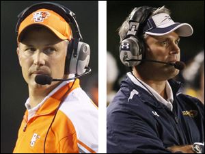 BGSU football coach Dave Clawson, left, was sympathetic to UT coach Tim Beckman's frustration over a botched call in the Syracuse game that likely cost the Rockets a victory.
